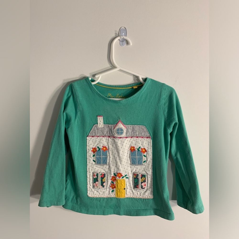 Long sleeve Mini Boden interactive house teal shirt